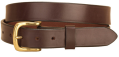 A dark brown leather belt with a gold-tone metal buckle, shown coiled on a plain white background.