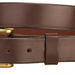 A dark brown leather belt with a gold-tone metal buckle, shown coiled on a plain white background.