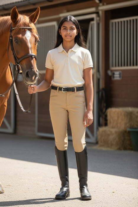 A woman stands in a stable holding a horse's reins, wearing a cream polo shirt, beige riding breeches with a black belt, and black riding boots.