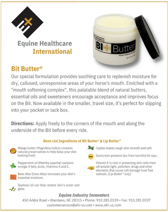 An informational product graphic for Equine Healthcare International Bit Butter lip balm. The design features a white and black balm tube on the right, with a detailed text description of the product and its ingredients on the left, set against a light beige background with a dark logo at the top left.