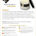 An informational product graphic for Equine Healthcare International Bit Butter lip balm. The design features a white and black balm tube on the right, with a detailed text description of the product and its ingredients on the left, set against a light beige background with a dark logo at the top left.