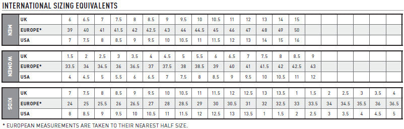 Table showing international size equivalents with columns for UK, Europe, and USA.