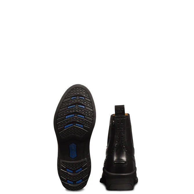 A pair of black leather paddock boots shown from the back, displaying the textured black outsole with blue grip strips and the back profile of the boot with pull tab against a white background.