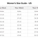 A size chart table titled 'Women's Size Guide - US' showing measurements for Kiffers, US, Your Bust, Your Waist, Your Hips, Your Inseam, and Arm Length by size categories XS through 2X.