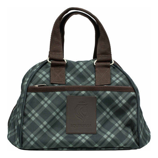 A dark green and gray plaid helmet bag with brown handles and trim, featuring a brown leather patch on the front with the Equinavia logo.