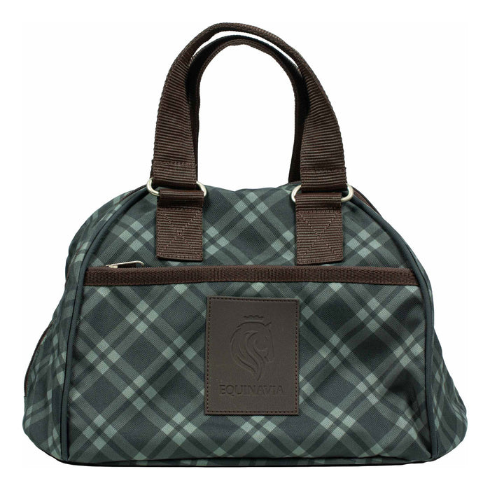 A dark green and gray plaid helmet bag with brown handles and trim, featuring a brown leather patch on the front with the Equinavia logo.