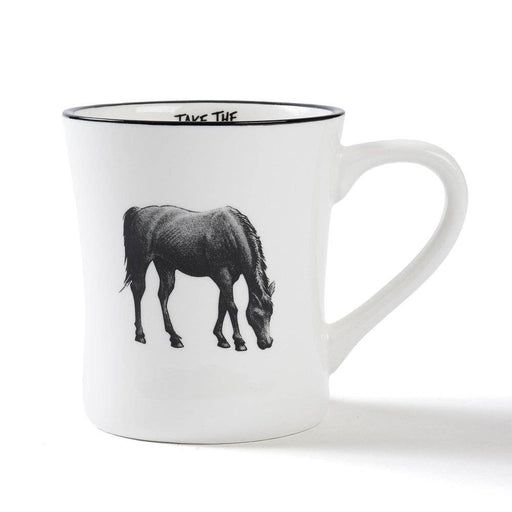 A white ceramic coffee mug with a black rim, featuring a black line art illustration of a horse grazing on the front. The inside of the mug is printed with the text 'TAKE THE'.