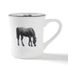 A white ceramic coffee mug with a black rim, featuring a black line art illustration of a horse grazing on the front. The inside of the mug is printed with the text 'TAKE THE'.