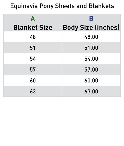Table showing Equinavia Pony Sheets and Blankets with blanket size and corresponding body size measurements.