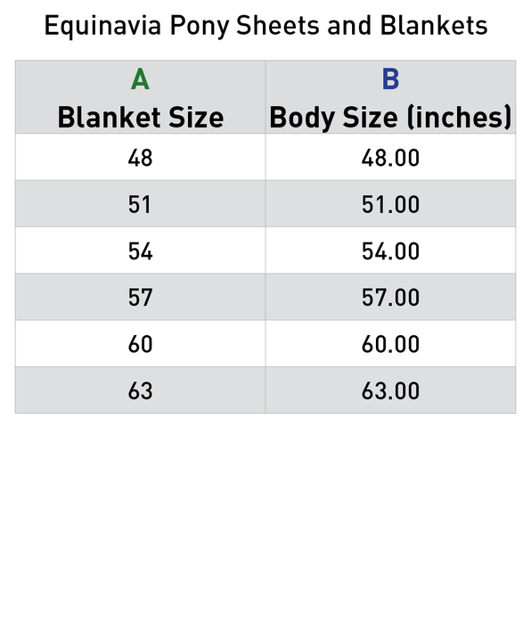 Table showing Equinavia Pony Sheets and Blankets with blanket size and corresponding body size measurements.