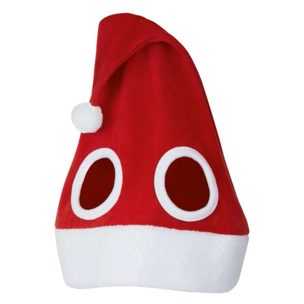 Red Santa hat for horses with ear holes and white trim on a white background