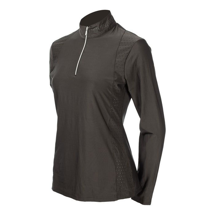 A dark brown long-sleeve athletic half-zip pullover with perforated side panels, shown on a white background.