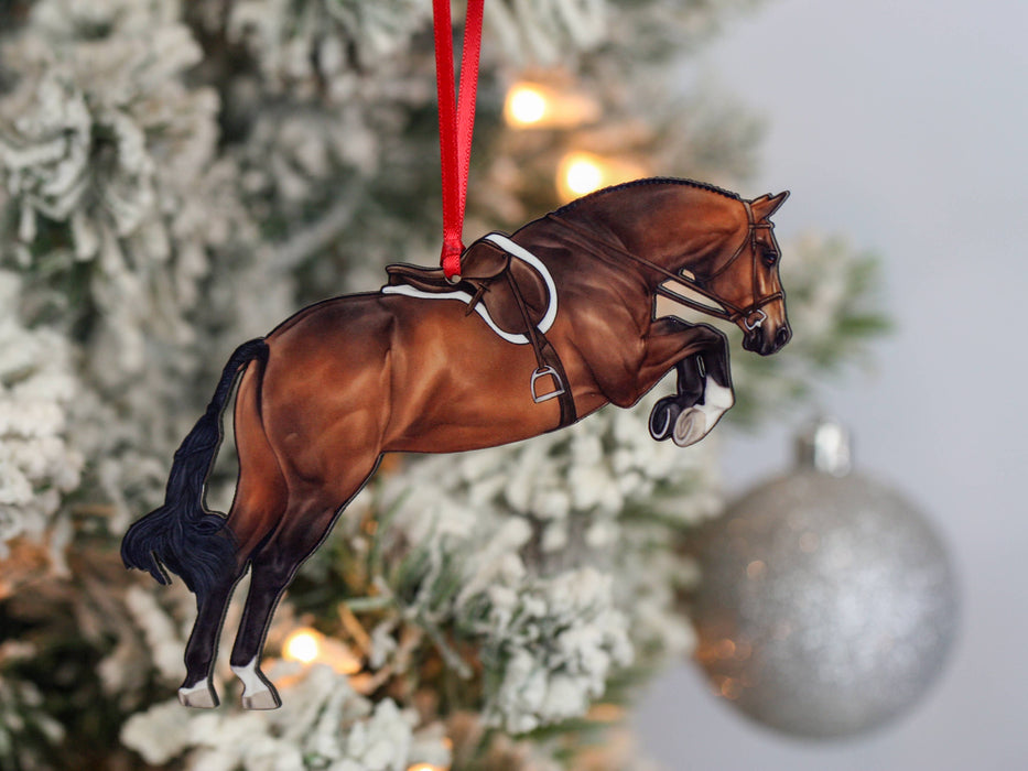 Classy Equine - Equestrian Hunter Horse Ornament - Bay Hunter Jumper Takeoff