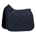 A dark navy blue quilted equestrian saddle pad with a diamond pattern and decorative trim, shown on a plain white background.