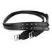 Two black  stirrup leathers with silver-tone metal buckles and rows of  eyelets, displayed flat against a white background.