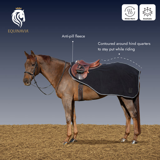 A brown horse stands in a stable-like setting wearing a black Equinavia saddle pad with a brown leather saddle. The image includes text callouts pointing to the anti-pill fleece and contouring around the hind quarters, plus two feature icons for weather resistance and breathability.