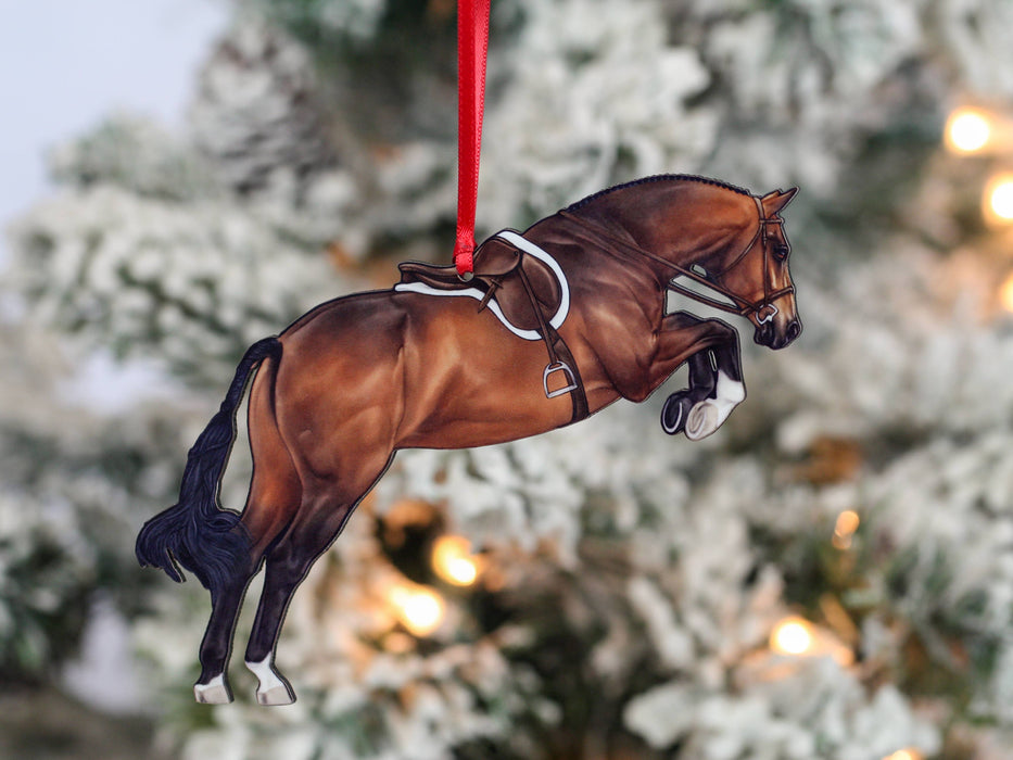 Classy Equine - Equestrian Hunter Horse Ornament - Bay Hunter Jumper Takeoff