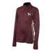 Maroon long-sleeve shirt with a small horse logo on upper left side. Contrasting print on the underside of the sleeve and side of shit. On a white background