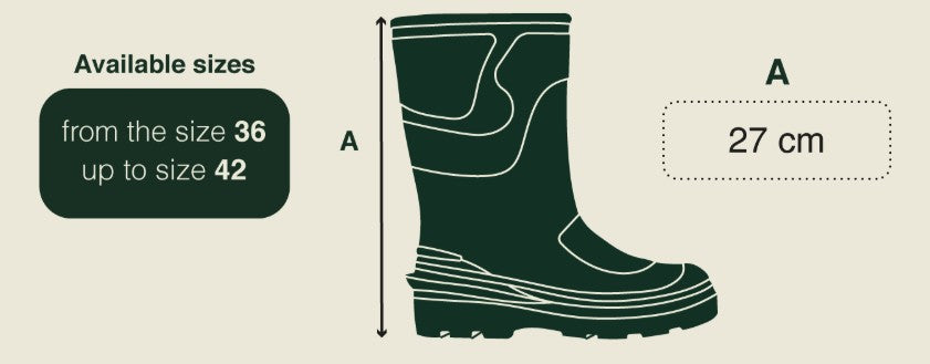 Size guide graphic showing a dark green rain boot outline with text indicating available sizes from 36 to 42 and a height measurement of 27 cm.