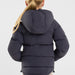 A child wearing a dark navy blue hooded puffer jacket, shown from the back against a light gray studio background.