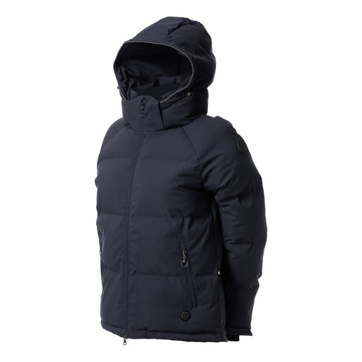 A dark navy blue hooded puffer jacket shown from a three-quarter angle against a plain white background.