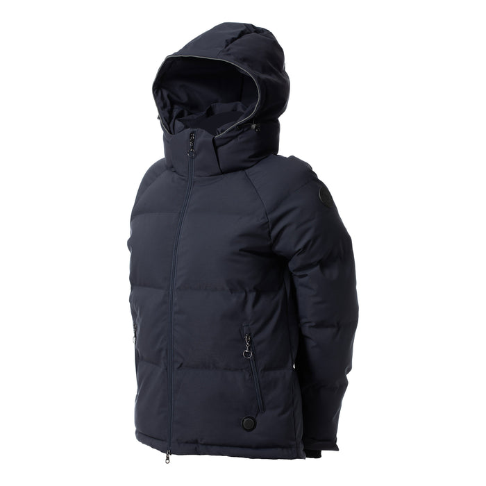 A dark navy blue hooded puffer jacket shown from a three-quarter angle against a plain white background.