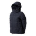 A dark navy blue hooded puffer jacket shown from a three-quarter angle against a plain white background.