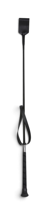 A black riding crop with a textured grip handle and a wrist strap, shown vertically against a plain white background.