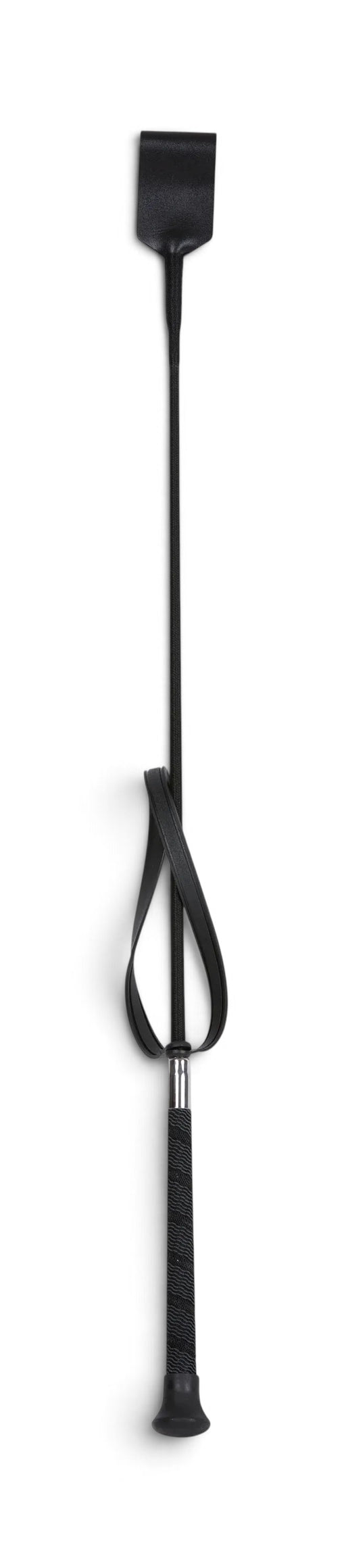 A black riding crop with a textured grip handle and a wrist strap, shown vertically against a plain white background.