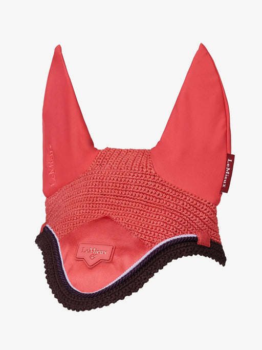 Cranberry Red with brown trim cotton crocheted horse ear bonnet with textured pattern on a white background