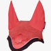 Cranberry Red with brown trim cotton crocheted horse ear bonnet with textured pattern on a white background