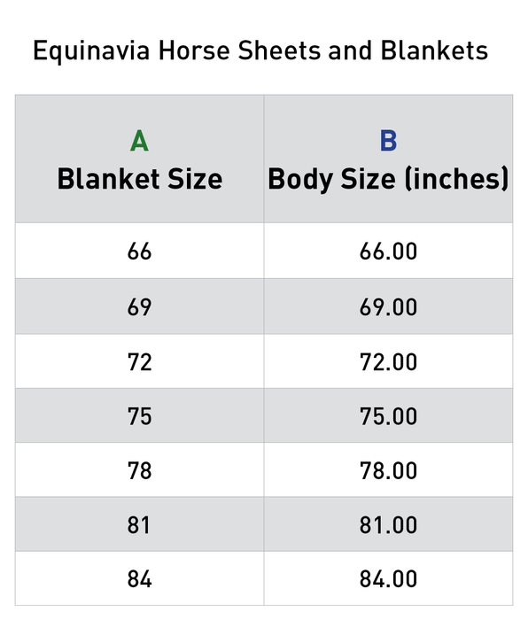 Table showing Equinavia horse sheets and blankets with blanket size and corresponding body size measurements.