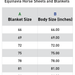 Table showing Equinavia horse sheets and blankets with blanket size and corresponding body size measurements.