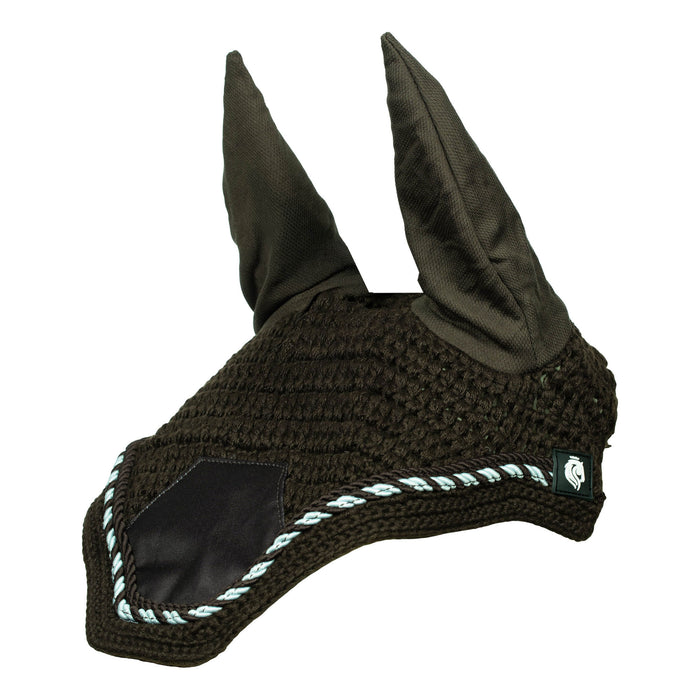 Black ear bonnet with braided trim on a white background