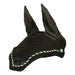 Black ear bonnet with braided trim on a white background