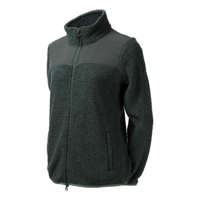 A jacket in dark green, featuring a full-zip front, a vertical zippered chest pocket, and the signature Patagonia logo patch on the left chest, shown against a plain white background.