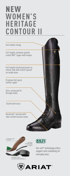 An infographic detailing the features of the Ariat New Women's Heritage Contour II boot. The main subject is a black leather tall riding boot shown on the right, with callout lines pointing to features like full leather lining, a full-length padded collar, and an elasticated lace.