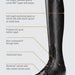 An infographic detailing the features of the Ariat New Women's Heritage Contour II boot. The main subject is a black leather tall riding boot shown on the right, with callout lines pointing to features like full leather lining, a full-length padded collar, and an elasticated lace.