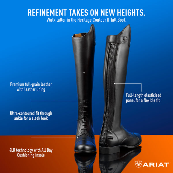 A pair of Ariat tall equestrian boots shown on a blue-to-orange graphic background with marketing text callouts. The left boot is front-facing and the right boot is angled to show the side zipper and heel.