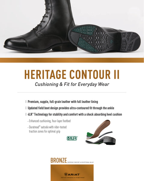 Promotional product graphic for a pair of black lace-up ankle boots, showing two boots at the top and marketing text below. The text reads 'HERITAGE CONTOUR II Cushioning & Fit for Everyday Wear' with bullet points about premium full-grain leather, ankle support, and cushioning.