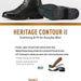 Promotional product graphic for a pair of black lace-up ankle boots, showing two boots at the top and marketing text below. The text reads 'HERITAGE CONTOUR II Cushioning & Fit for Everyday Wear' with bullet points about premium full-grain leather, ankle support, and cushioning.