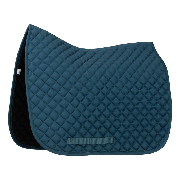 A blue cotton quilted dressage saddle pad against a white background