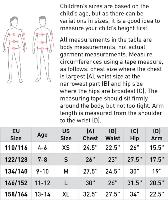Children's size chart with measurements and instructions on how to measure a child for Equinavia Tops. 