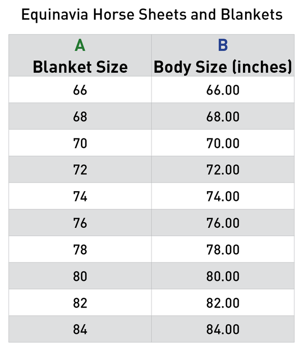 Table showing Equinavia horse sheets and blankets with blanket size and body size measurements.