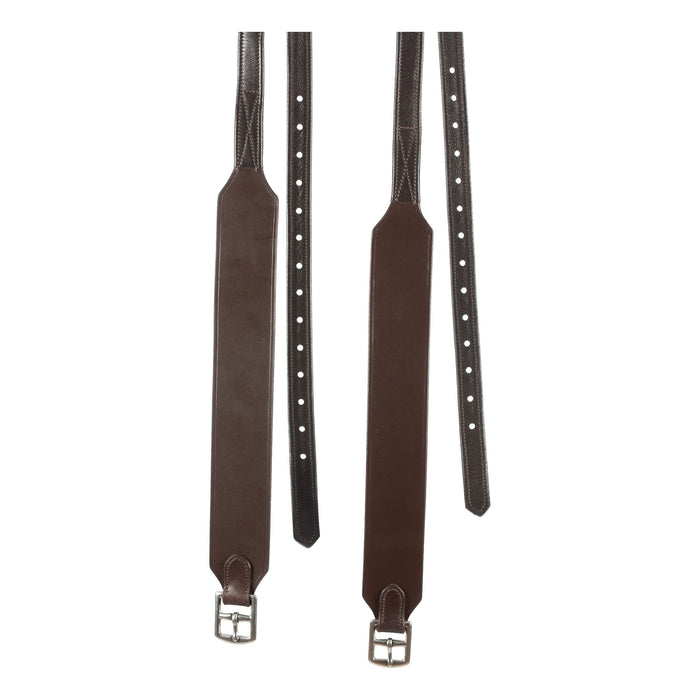 Two dark brown stirrup leathers with silver-tone metal buckles and rows of  eyelets, displayed flat against a white background.