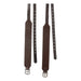 Two dark brown stirrup leathers with silver-tone metal buckles and rows of  eyelets, displayed flat against a white background.