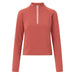 A women's long-sleeve quarter-zip athletic top in a muted terracotta or burnt orange color, featuring a white zipper pull, shown against a plain white background.