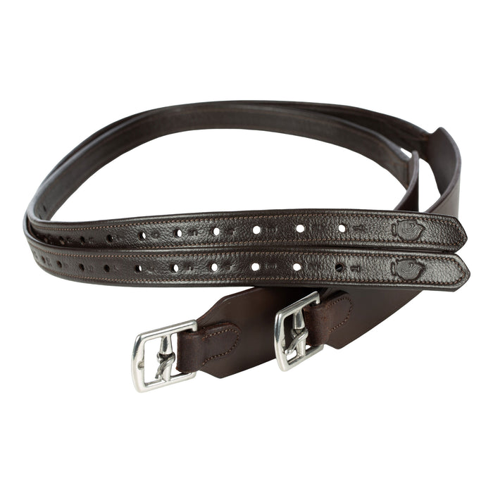 Two dark brown stirrup leathers with silver-tone metal buckles and rows of  eyelets, displayed flat against a white background.