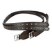 Two dark brown stirrup leathers with silver-tone metal buckles and rows of  eyelets, displayed flat against a white background.