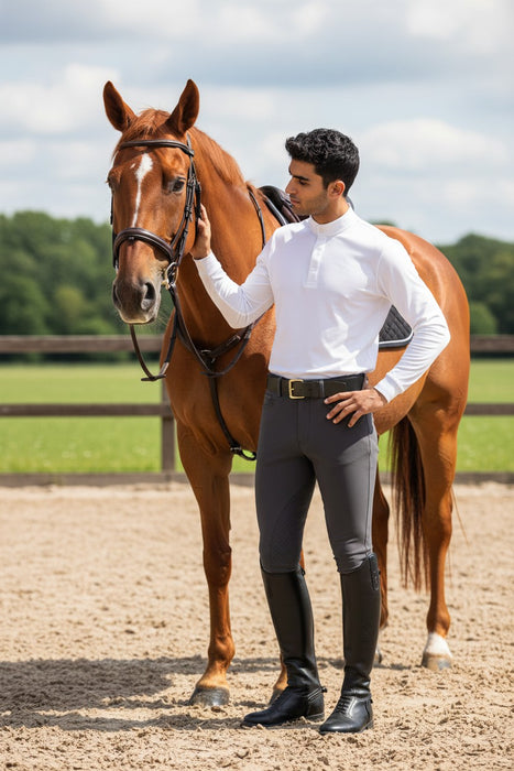 A man in equestrian attire, including a white long-sleeve shirt, dark grey riding breeches, and black riding boots, stands next to a chestnut horse in an outdoor riding arena.
